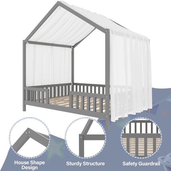 English Elm Montessori Pine Floor Bed Twin with House Canopy Frame and Four Safety Railings N733P356048E
