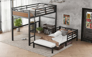 English Elm Twin Xl Metal Bunk Bed - Versatile Walnut Loft Bed With Guardrails For Safe, Space-Saving Living W1580S00225-GIGA