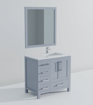 English Elm Dark Grey Bath Vanity With Right Offset White Quartz Top, Chrome Faucet, And Matching Mirror Set B2731S01263
