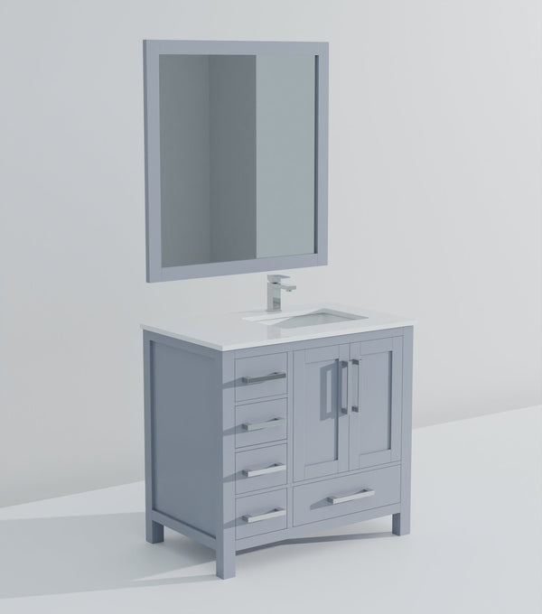 English Elm Dark Grey Bath Vanity With Right Offset White Quartz Top, Chrome Faucet, And Matching Mirror Set B2731S01263
