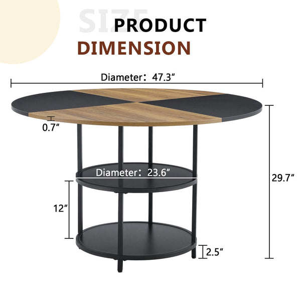 English Elm 47.3-inch Round Dining Table Geometric Wood Black Mdf Top with Built-in Storage Shelf W1151P268732