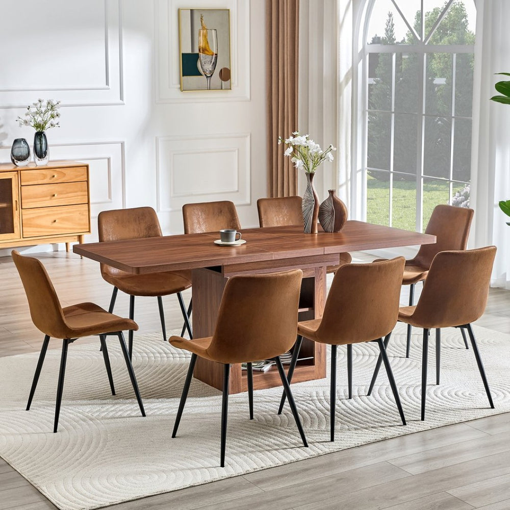 English Elm Expandable Walnut Mdf Dining Set Seats Eight with Storage Base and Fabric Chairs W1151S04716