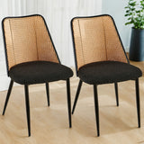 Black Rattan Dining Chairs Set of 2 with Natural Cane Back, Boucle Upholstery for Kitchen, Living Room