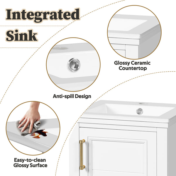 English Elm 16-inch French Bathroom Vanity with Ceramic Undermount Sink, Soft-Close Door, Vintage Carvings, White N710P330979K