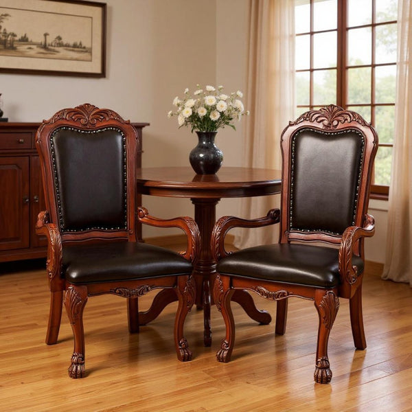 HomeRoots Set of Two Elegant Brown Faux Leather Queen Anne Armchairs - Classic Comfort & Timeless Style 347003