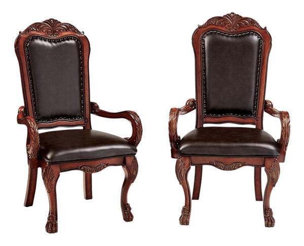 HomeRoots Set of Two Elegant Brown Faux Leather Queen Anne Armchairs - Classic Comfort & Timeless Style 347003