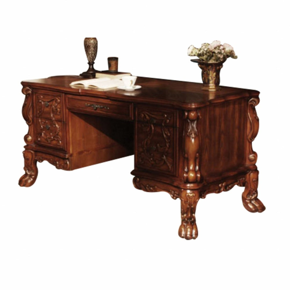HomeRoots 72" Brick Red Executive Desk - Durable Solid Wood with Oak Top, 5 Drawers for Organized Workspace 347009
