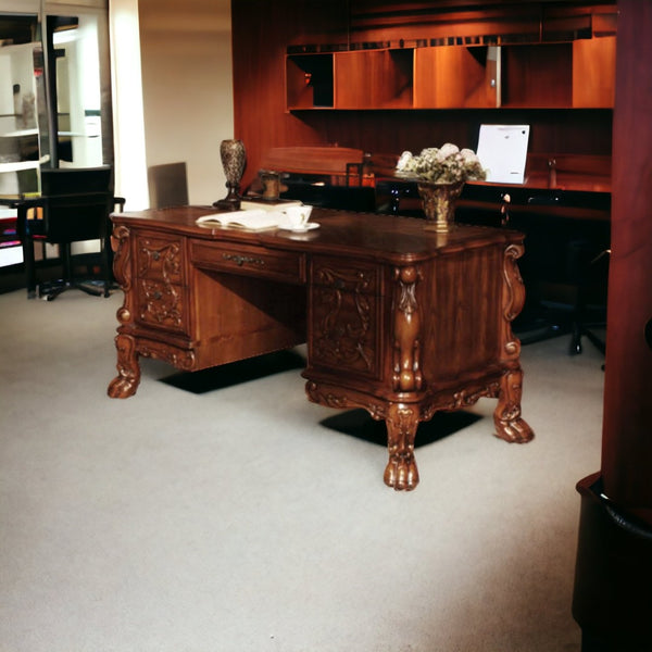 HomeRoots 72" Brick Red Executive Desk - Durable Solid Wood with Oak Top, 5 Drawers for Organized Workspace 347009