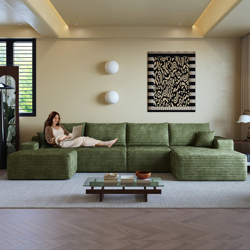 English Elm 135" Cloud Sectional Sofa With Ottoman - Modern U-Shaped Couch In Plush Green Corduroy For Comfort W2824S00128