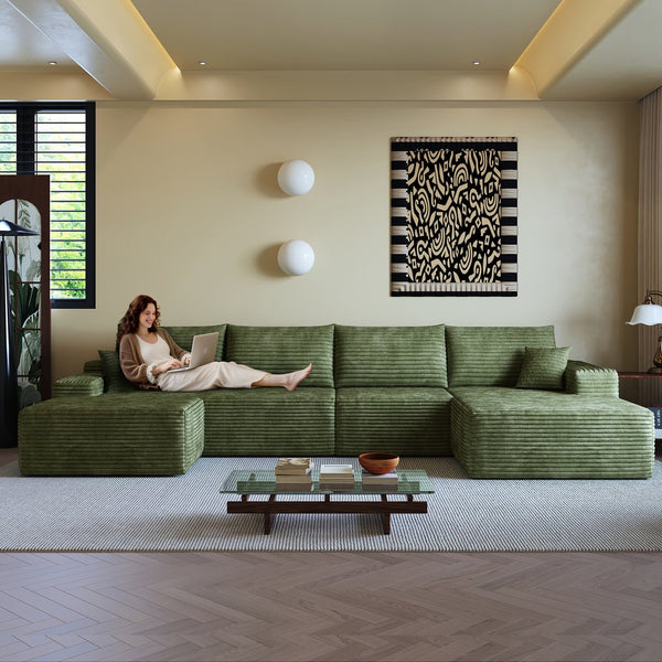 English Elm 135" Cloud Sectional Sofa With Ottoman - Modern U-Shaped Couch In Plush Green Corduroy For Comfort W2824S00128