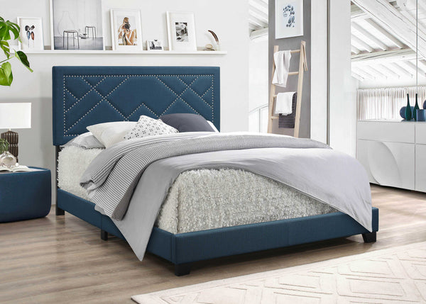 Homeroots Dark Teal Standard Bed Upholstered With Nailhead Trim And With Headboard  Wood 347038