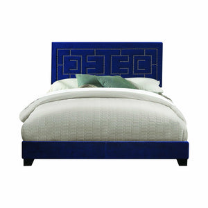 Homeroots Dark Blue Standard Bed Upholstered With Nailhead Trim And With Headboard  Wood 347043
