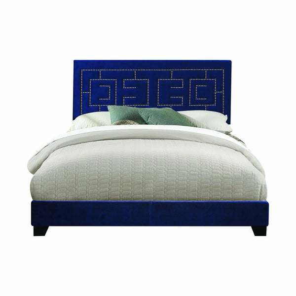 Homeroots Dark Blue Standard Bed Upholstered With Nailhead Trim And With Headboard  Wood 347043