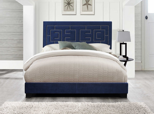 Homeroots Dark Blue Standard Bed Upholstered With Nailhead Trim And With Headboard  Wood 347043
