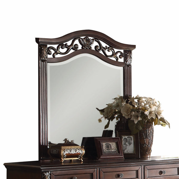 Homeroots Dark Walnut Wood Finish Carved Wall Mirror  Wood 347053