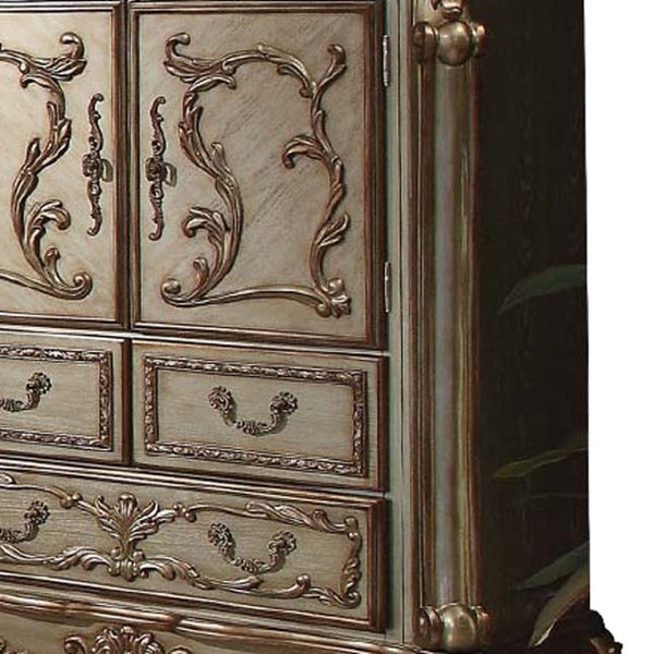HomeRoots 20" Gold Patina Bone Wood Chest with 5 Felt-Lined Drawers & French-Inspired Design for Elegant Storage 347058