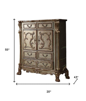 HomeRoots 20" Gold Patina Bone Wood Chest with 5 Felt-Lined Drawers & French-Inspired Design for Elegant Storage 347058