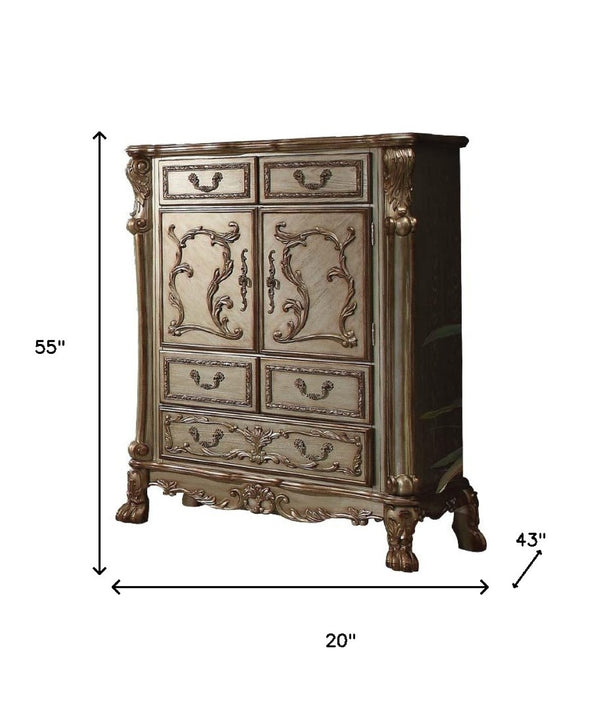 HomeRoots 20" Gold Patina Bone Wood Chest with 5 Felt-Lined Drawers & French-Inspired Design for Elegant Storage 347058