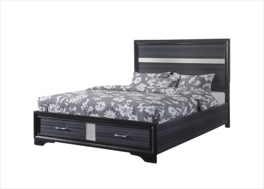HomeRoots Black Faux Crystal Bling King Bed Frame with Two Drawers for Elegant Storage & Contemporary Style 347070