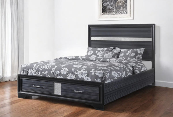 HomeRoots Black Faux Crystal Bling King Bed Frame with Two Drawers for Elegant Storage & Contemporary Style 347070