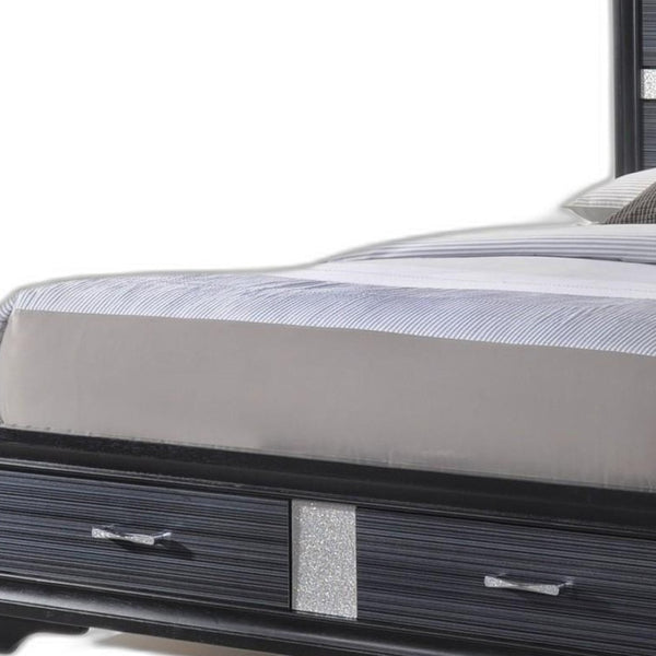 HomeRoots Black Queen Platform Bed Frame with Two Storage Drawers & Glam Faux-Crystal Insets for Modern Style 347071
