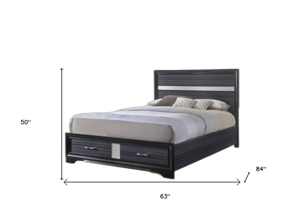 HomeRoots Black Queen Platform Bed Frame with Two Storage Drawers & Glam Faux-Crystal Insets for Modern Style 347071