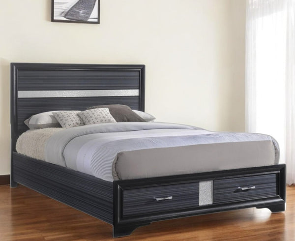 HomeRoots Black Queen Platform Bed Frame with Two Storage Drawers & Glam Faux-Crystal Insets for Modern Style 347071