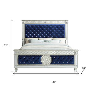HomeRoots Blue King Bed Frame with Elegant Velvet Upholstery and Stylish Nailhead Trim for Modern Bedrooms Eastern King 347075