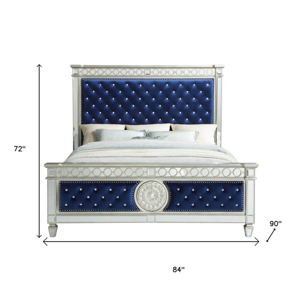 HomeRoots Blue King Bed Frame with Elegant Velvet Upholstery and Stylish Nailhead Trim for Modern Bedrooms Eastern King 347075