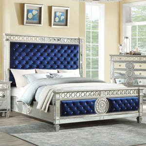 Homeroots King Tufted Blue Upholstered Velvet Bed With Nailhead Trim  Manufactured Wood 347075