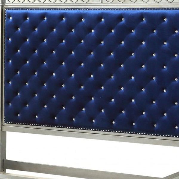 HomeRoots Blue King Bed Frame with Elegant Velvet Upholstery and Stylish Nailhead Trim for Modern Bedrooms Eastern King 347075