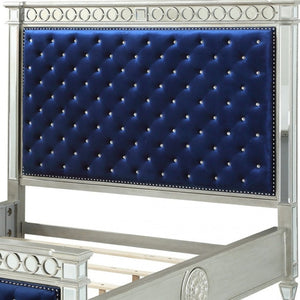 HomeRoots Blue King Bed Frame with Elegant Velvet Upholstery and Stylish Nailhead Trim for Modern Bedrooms Eastern King 347075