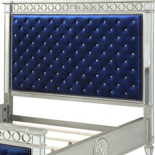 HomeRoots Blue King Bed Frame with Elegant Velvet Upholstery and Stylish Nailhead Trim for Modern Bedrooms Eastern King 347075