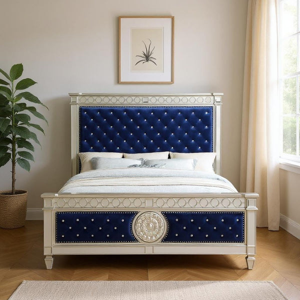 HomeRoots Blue King Bed Frame with Elegant Velvet Upholstery and Stylish Nailhead Trim for Modern Bedrooms Eastern King 347075