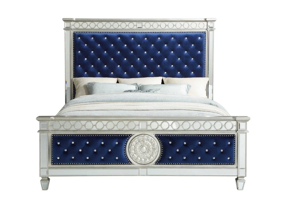 HomeRoots Blue King Bed Frame with Elegant Velvet Upholstery and Stylish Nailhead Trim for Modern Bedrooms Eastern King 347075