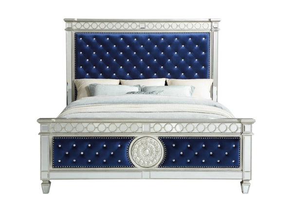 HomeRoots Blue King Bed Frame with Elegant Velvet Upholstery and Stylish Nailhead Trim for Modern Bedrooms Eastern King 347075