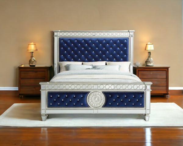 Homeroots Blue Queen Tufted Upholstered Velvet Bed Frame With Nailhead Trim  Manufactured Wood 347076