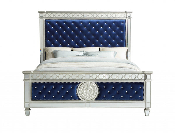 Homeroots Blue Queen Tufted Upholstered Velvet Bed Frame With Nailhead Trim  Manufactured Wood 347076