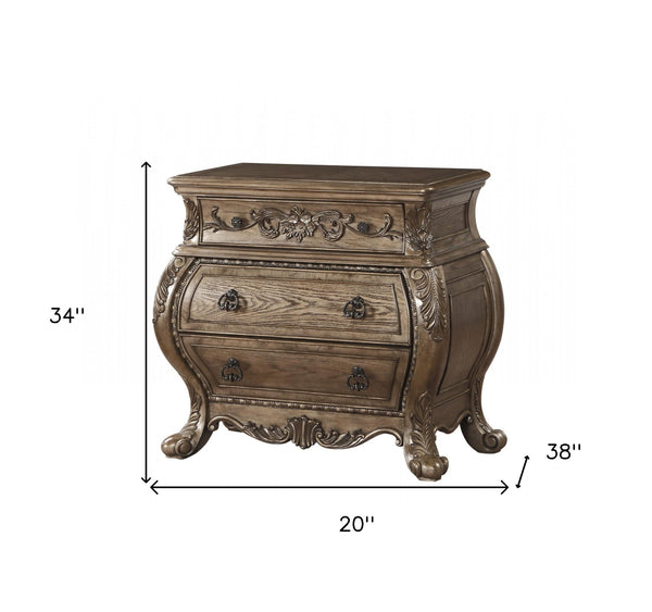 Homeroots 34" Champagne Novelty Three Drawers Solid Wood Nightstand   347088