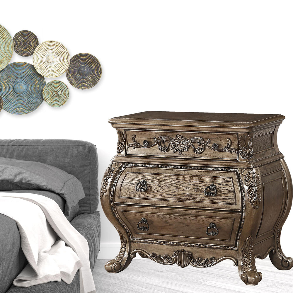 Homeroots 34" Champagne Novelty Three Drawers Solid Wood Nightstand   347088