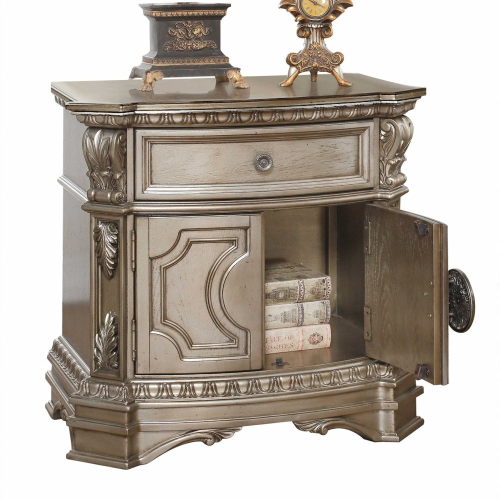 HomeRoots 29" Champagne Mirrored Nightstand with Drawer - Elegant Solid Wood Design for Versatile Home Use 347126