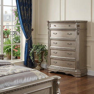 20 Inch Solid Wood Five Drawer Gentlemens Chest with Champagne Scrollwork Carvings