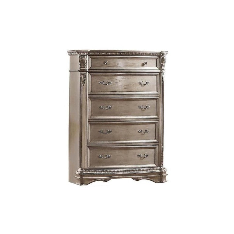 HomeRoots 20 Inch Solid Wood Five Drawer Gentlemens Chest with Champagne Scrollwork Carvings 347130