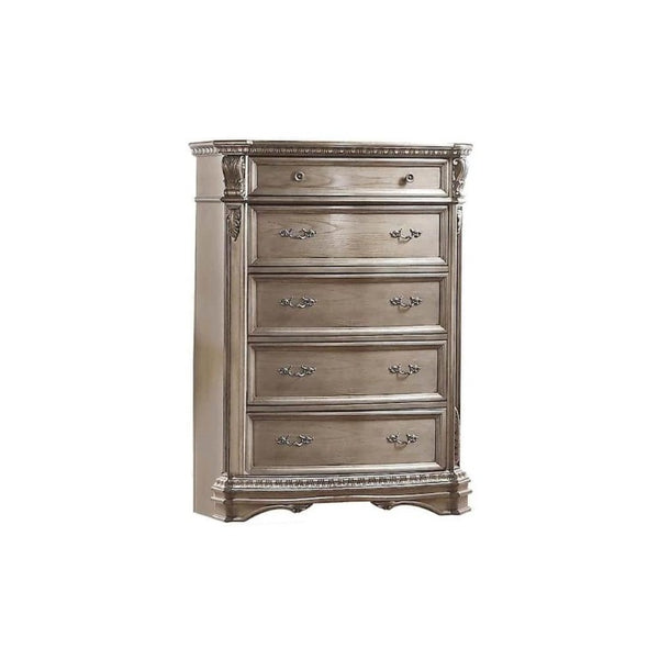 HomeRoots 20 Inch Solid Wood Five Drawer Gentlemens Chest with Champagne Scrollwork Carvings 347130