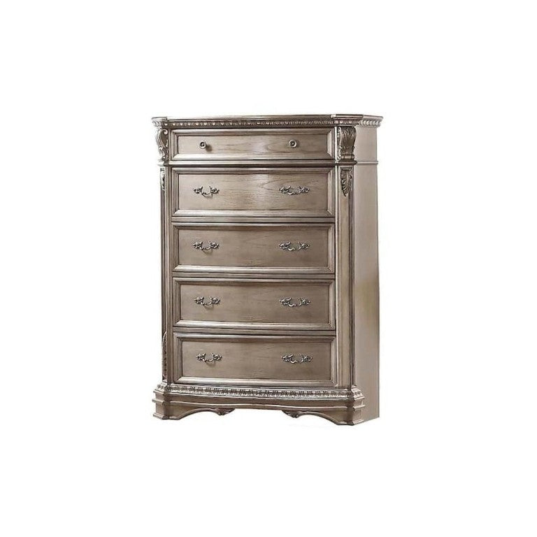 HomeRoots 20 Inch Solid Wood Five Drawer Gentlemens Chest with Champagne Scrollwork Carvings 347130