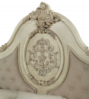 HomeRoots Beige Wood and Linen Bed Frame with Elegant Tufting and Nailhead Trim for Timeless Bedroom Style Queen 347132