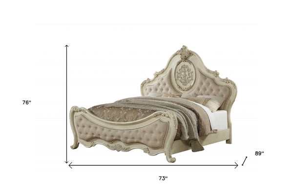 HomeRoots Beige Wood and Linen Bed Frame with Elegant Tufting and Nailhead Trim for Timeless Bedroom Style Queen 347132