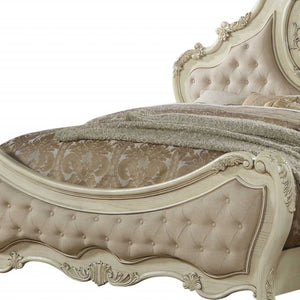 HomeRoots Beige Wood and Linen Bed Frame with Elegant Tufting and Nailhead Trim for Timeless Bedroom Style Queen 347132