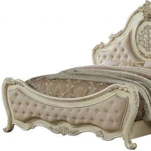 HomeRoots Beige Wood and Linen Bed Frame with Elegant Tufting and Nailhead Trim for Timeless Bedroom Style Queen 347132