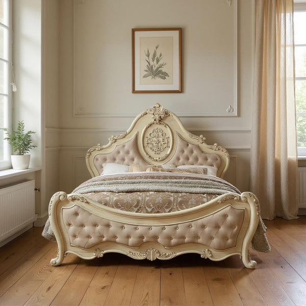 HomeRoots Beige Wood and Linen Bed Frame with Elegant Tufting and Nailhead Trim for Timeless Bedroom Style Queen 347132